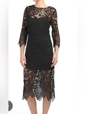 Black Lace Midi Dress with Sheer Scalloped Hem